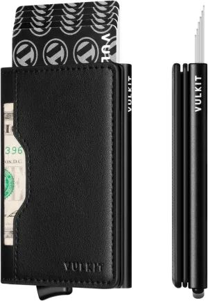 VULKIT Slim Pop up Wallet for Women Minimalist Credit Card Holder with Leather Slots Men's Bifold RFID Blocking Metal Wallets