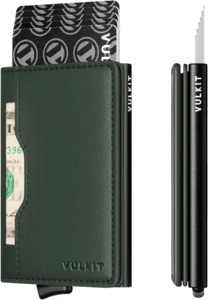 VULKIT Slim Pop up Wallet for Women Minimalist Credit Card Holder with Leather Slots Men's Bifold RFID Blocking Metal Wallets