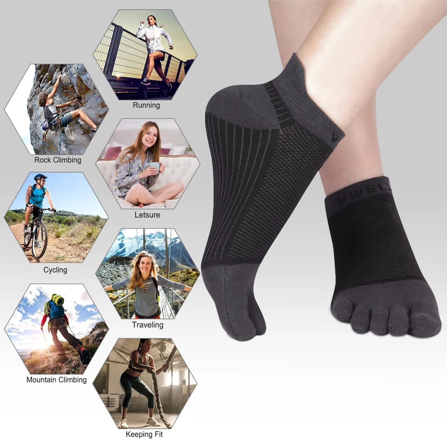 VWELL Cotton Toe Socks Five Finger Socks No Show Crew Athletic Running Socks 4 Pairs,Size 7-11