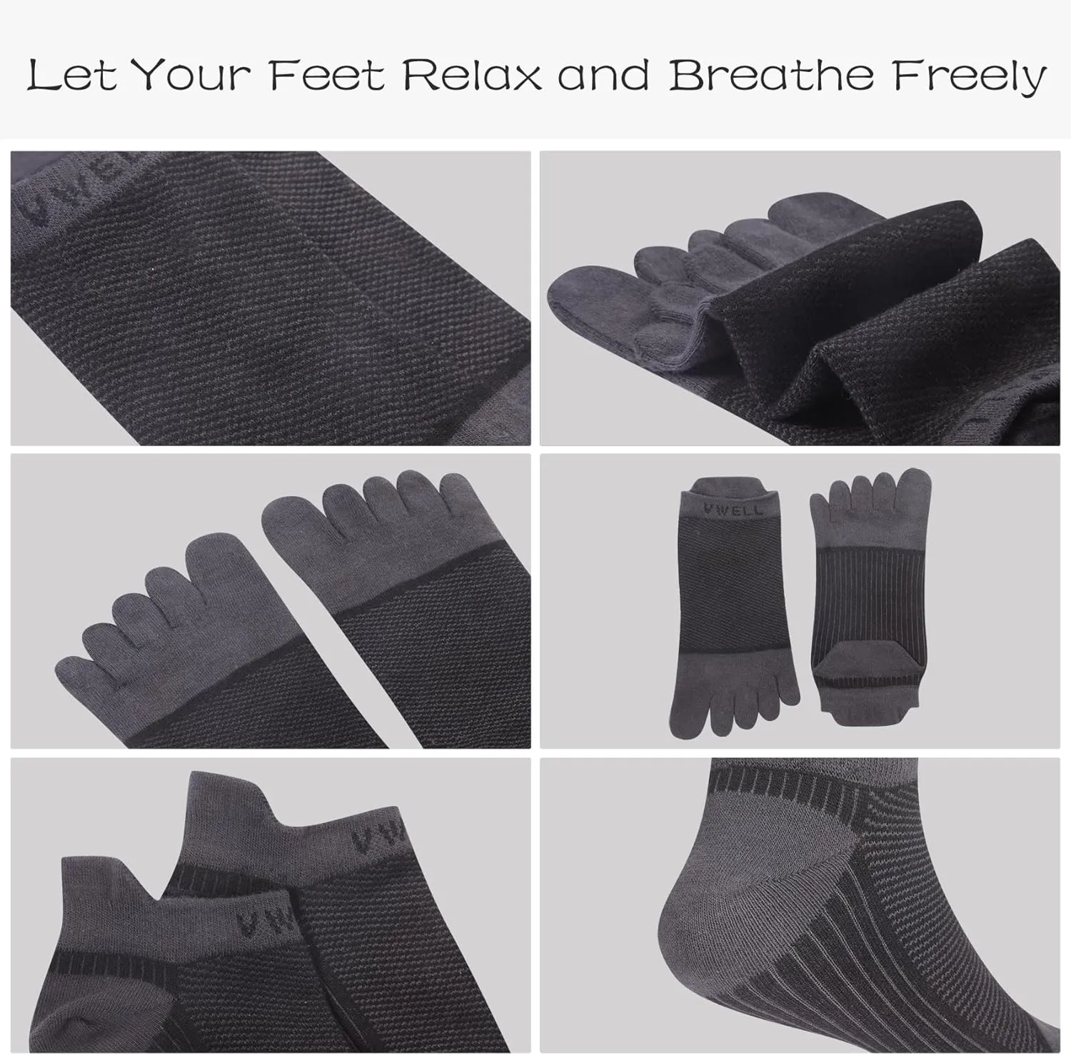 VWELL Cotton Toe Socks Five Finger Socks No Show Crew Athletic Running Socks 4 Pairs,Size 7-11
