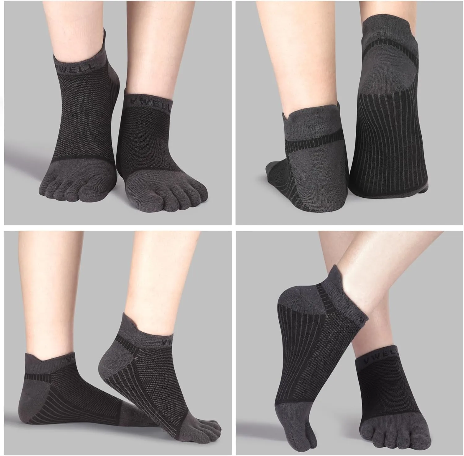 VWELL Cotton Toe Socks Five Finger Socks No Show Crew Athletic Running Socks 4 Pairs,Size 7-11
