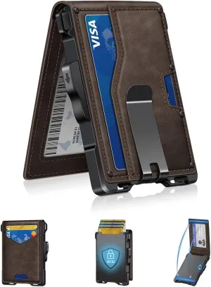 Wallet for Men, Minimalist Slim Mens Wallet with Money Clip, RFID Blocking Smart Pop Up Card Wallet with ID Window, Compact Bifold Wallet, Metal Aluminum Credit Card Holder（Coffee）