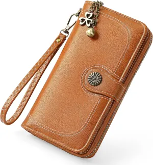 Wallet Women Large Leather RFID Blocking Bifold Multi Card Case with Zipper Pocke Phone Wristlet Purse