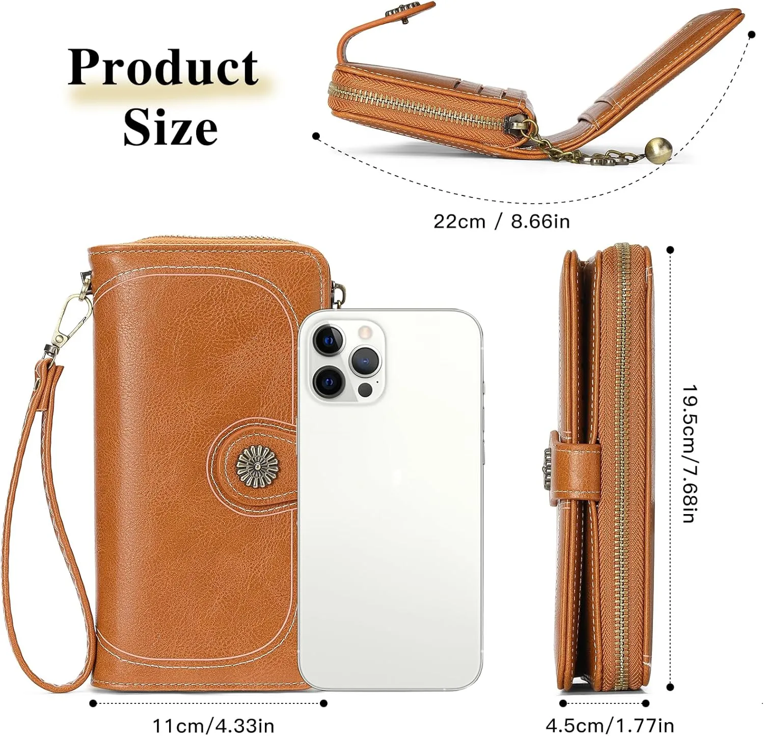 Wallet Women Large Leather RFID Blocking Bifold Multi Card Case with Zipper Pocke Phone Wristlet Purse