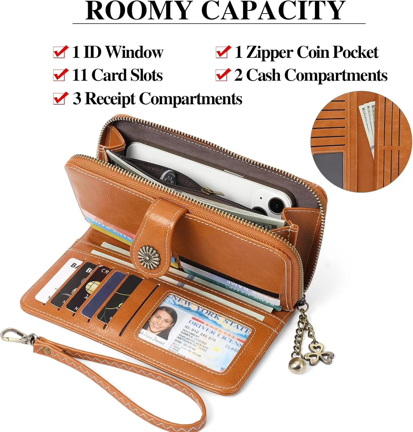 Wallet Women Large Leather RFID Blocking Bifold Multi Card Case with Zipper Pocke Phone Wristlet Purse