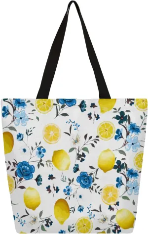 Watercolor Lemon Flowers Large Capacity Canvas Tote Bag Stylish Handheld Shoulder Bag Reusable Shopping Bag for Work Travel Beach Trips Shopping