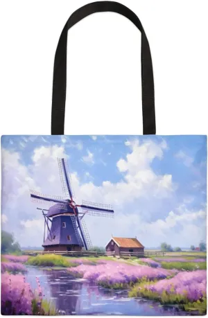 Watercolor Windmill River Flower Square Canvas Tote Bag Top Handle Purses Stylish Women Canvas Shoulder Tote Bags Reusable Handbags for Work Travel Picnic Beach Shopping Gym Hiking