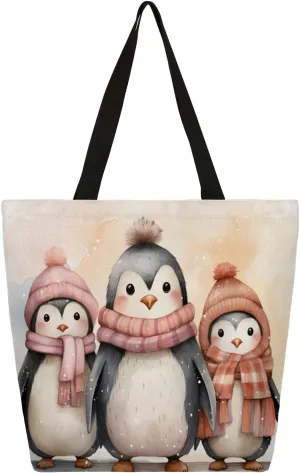 Watercolour Penguins Large Capacity Canvas Tote Bag Stylish Handheld Shoulder Bag Reusable Shopping Bag for Work Travel Beach Trips Shopping
