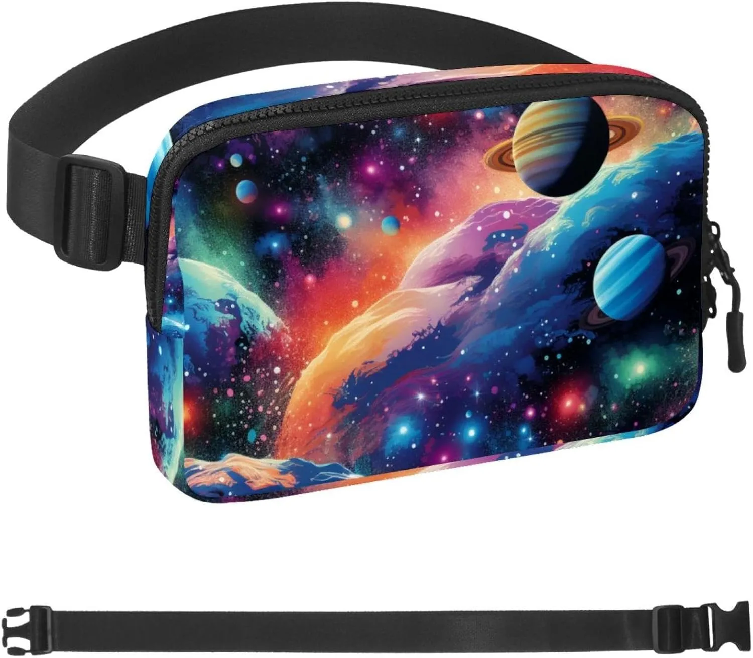 Waterproof Fanny Pack Black Belt Bag with Adjustable Strap for Women and Men,Colorful Galactic Planet Crossbody Fanny Bag with Zipper for Hiking Running Travel