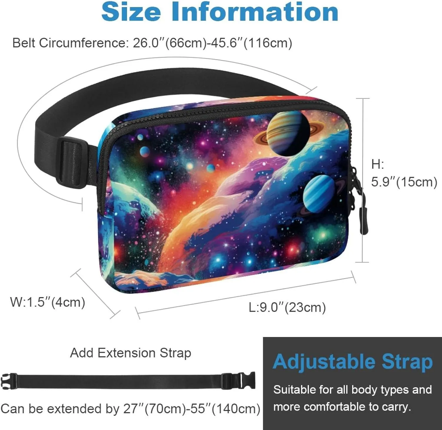 Waterproof Fanny Pack Black Belt Bag with Adjustable Strap for Women and Men,Colorful Galactic Planet Crossbody Fanny Bag with Zipper for Hiking Running Travel