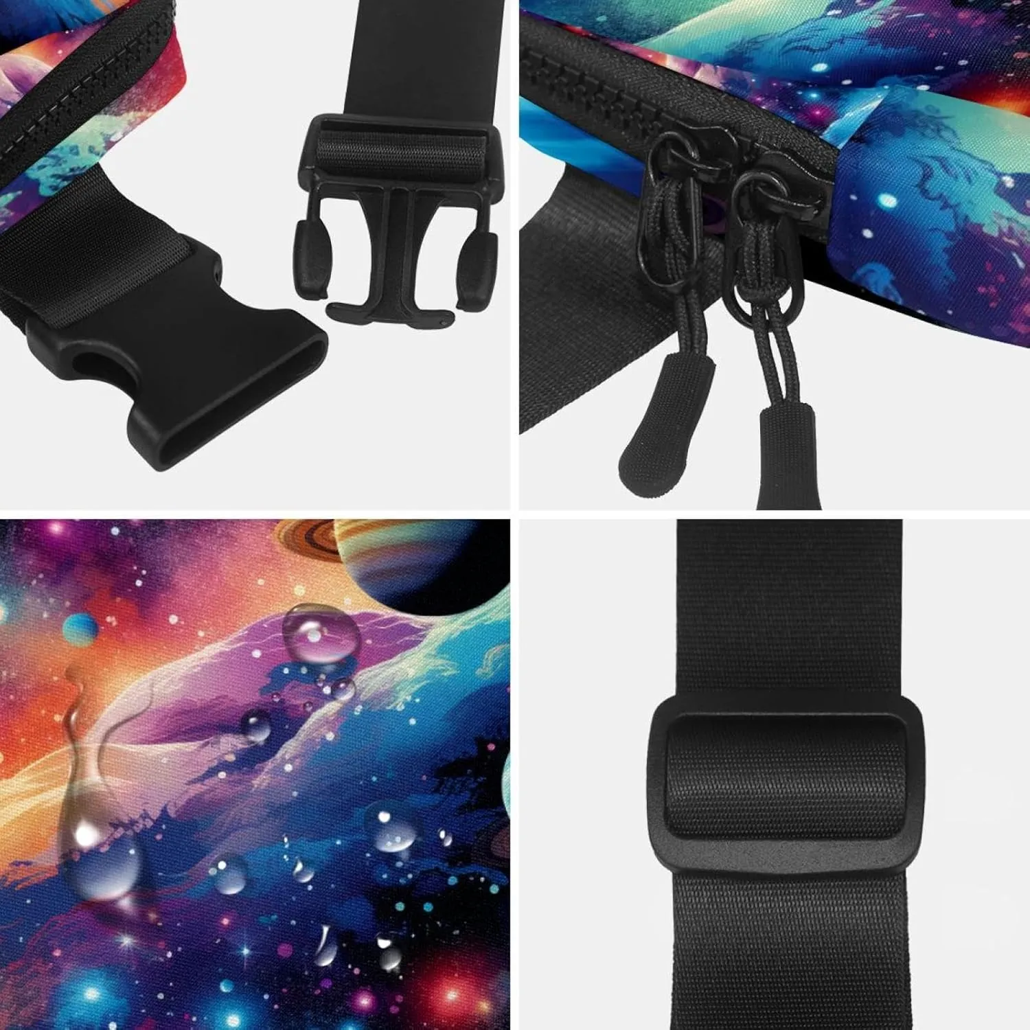 Waterproof Fanny Pack Black Belt Bag with Adjustable Strap for Women and Men,Colorful Galactic Planet Crossbody Fanny Bag with Zipper for Hiking Running Travel