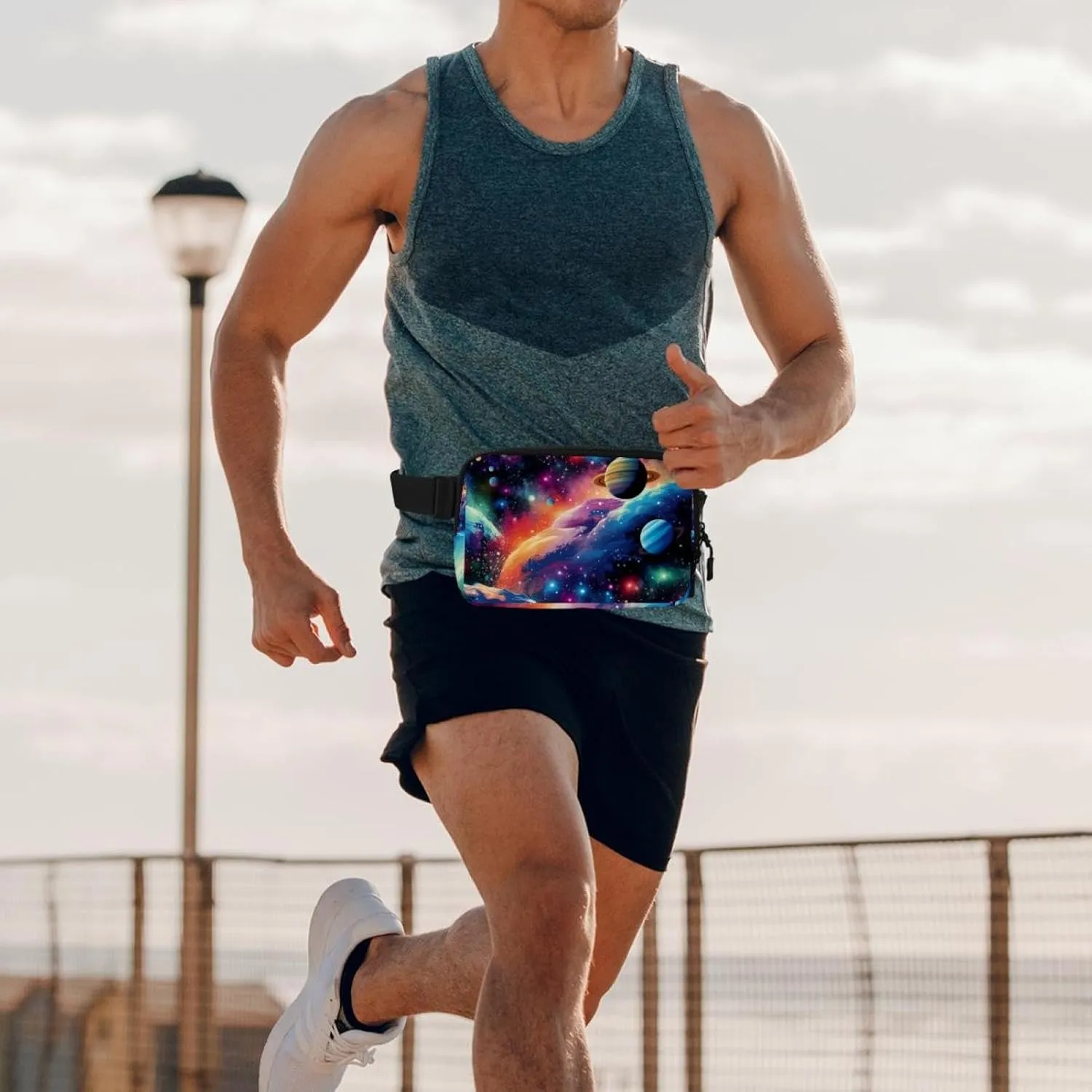 Waterproof Fanny Pack Black Belt Bag with Adjustable Strap for Women and Men,Colorful Galactic Planet Crossbody Fanny Bag with Zipper for Hiking Running Travel