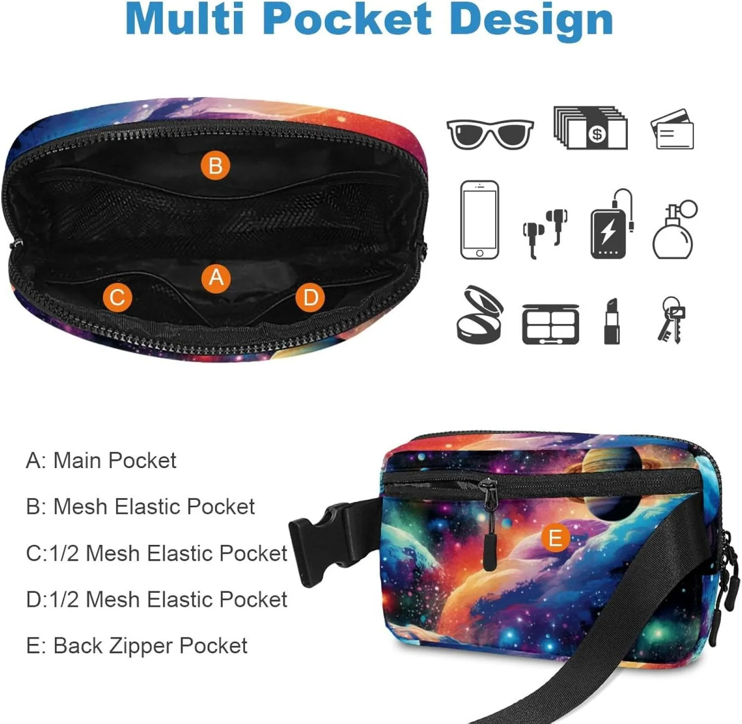 Waterproof Fanny Pack Black Belt Bag with Adjustable Strap for Women and Men,Colorful Galactic Planet Crossbody Fanny Bag with Zipper for Hiking Running Travel