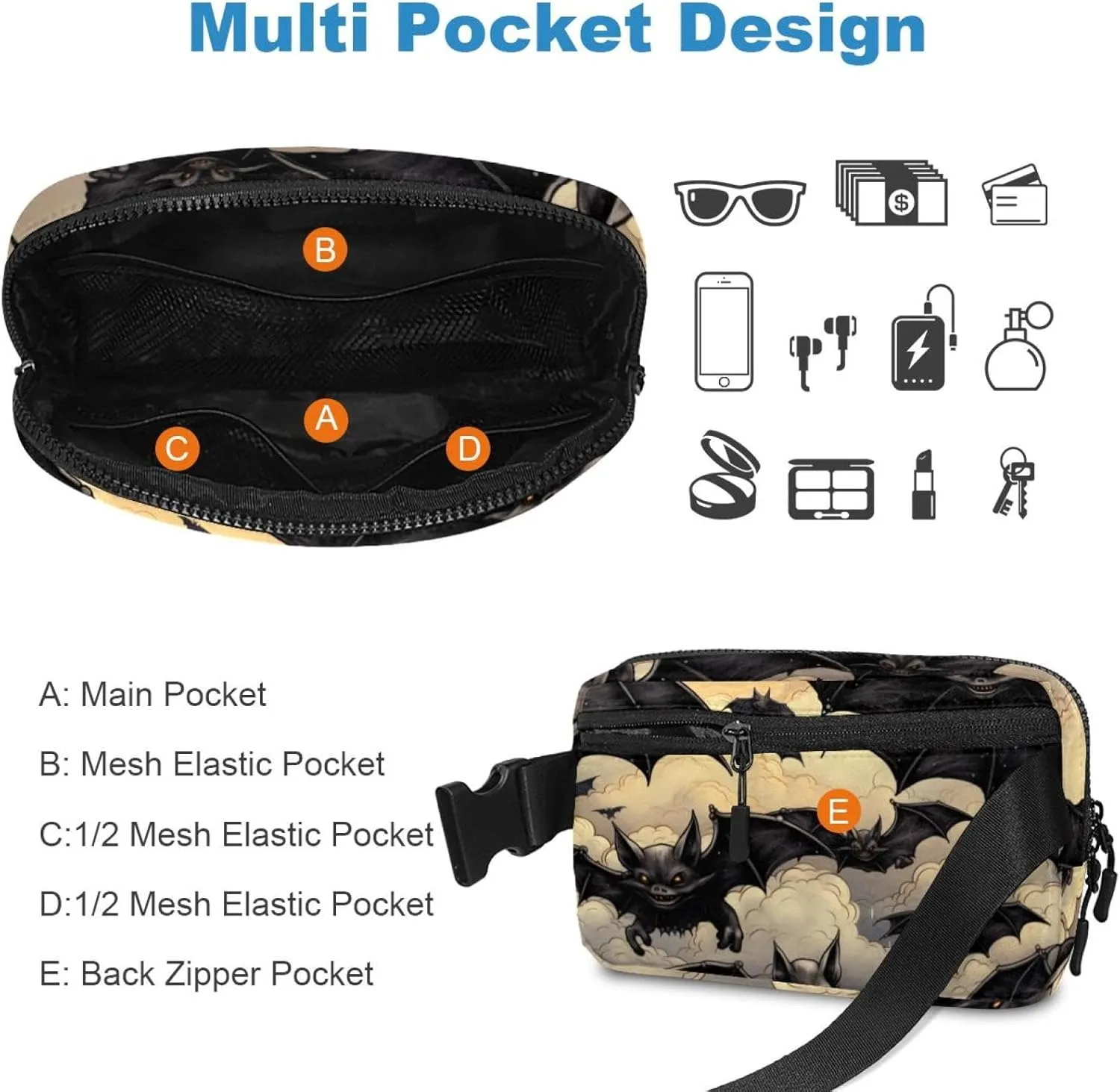 Waterproof Fanny Pack Black Belt Bag with Adjustable Strap for Women and Men,Halloween Bat Cloud Pattern Crossbody Fanny Bag with Zipper for Hiking Running Travel