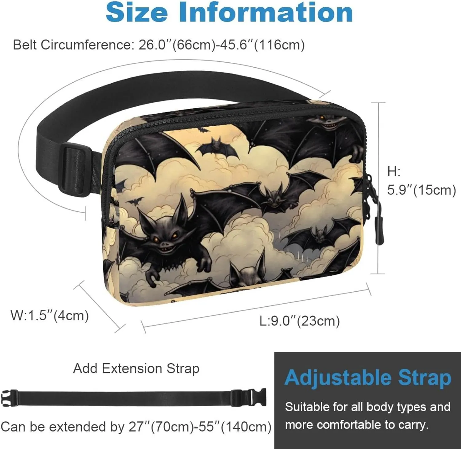 Waterproof Fanny Pack Black Belt Bag with Adjustable Strap for Women and Men,Halloween Bat Cloud Pattern Crossbody Fanny Bag with Zipper for Hiking Running Travel