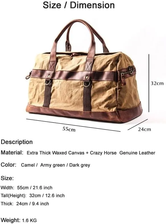 WaterProof Waxed Canvas Leather Men Travel Bag Hand Luggage Bag Carry On Large tote Vintage Men Duffle Weekend Bag big Overnight(Army green)
