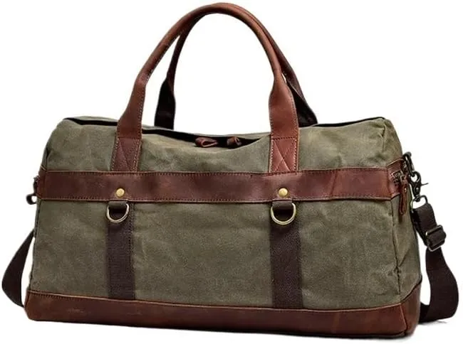 WaterProof Waxed Canvas Leather Men Travel Bag Hand Luggage Bag Carry On Large tote Vintage Men Duffle Weekend Bag big Overnight(Army green)