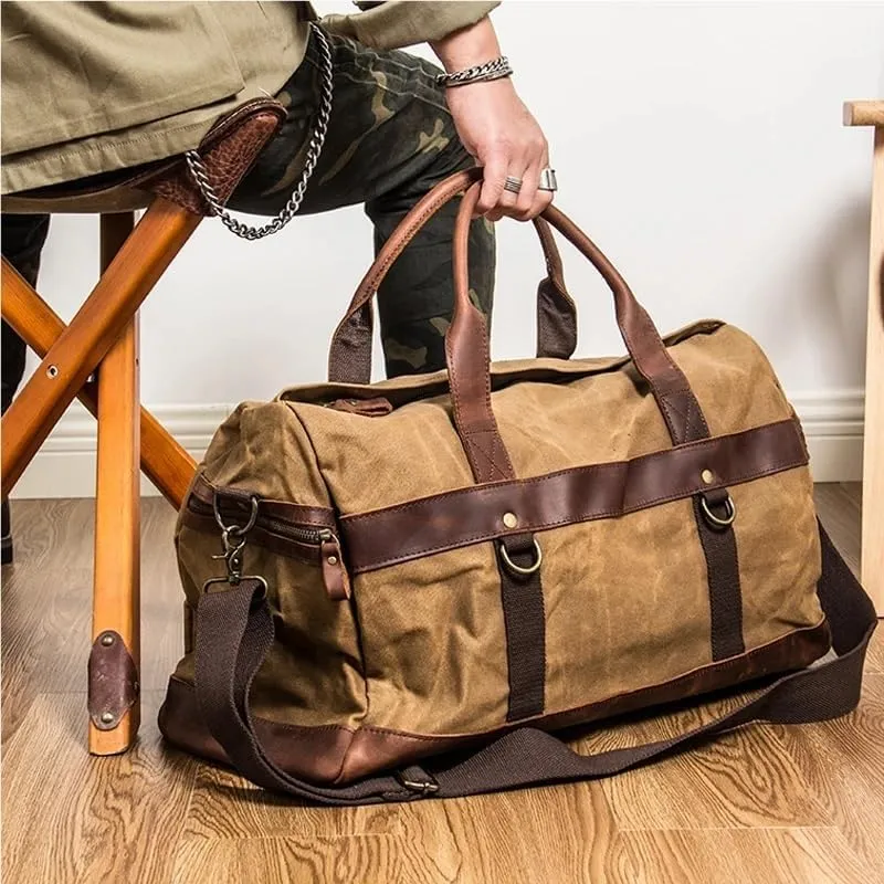 WaterProof Waxed Canvas Leather Men Travel Bag Hand Luggage Bag Carry On Large tote Vintage Men Duffle Weekend Bag big Overnight(Army green)