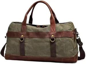 WaterProof Waxed Canvas Leather Men Travel Bag Hand Luggage Bag Carry On Large tote Vintage Men Duffle Weekend Bag big Overnight(Army green)