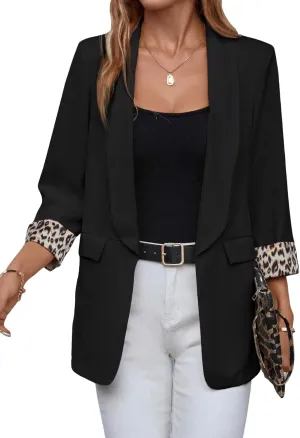 WDIRARA Women's Leopard Print Shawl Collar Open Front 3/4 Sleeve Blazer Jacket