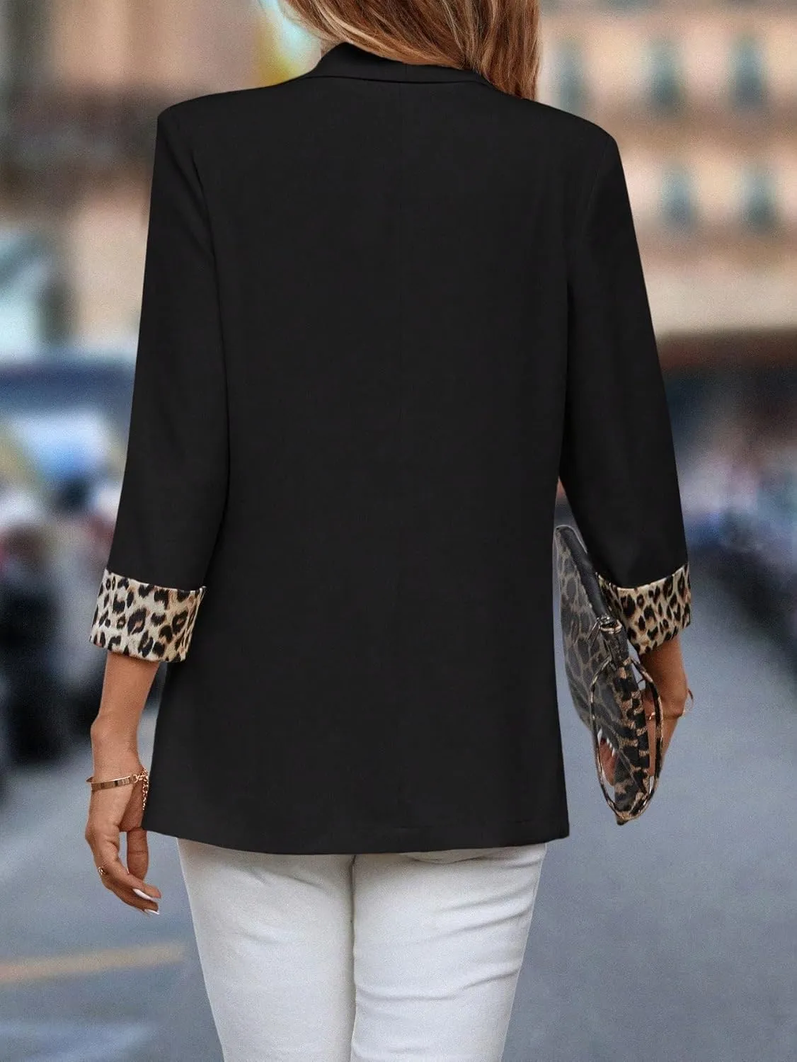 WDIRARA Women's Leopard Print Shawl Collar Open Front 3/4 Sleeve Blazer Jacket