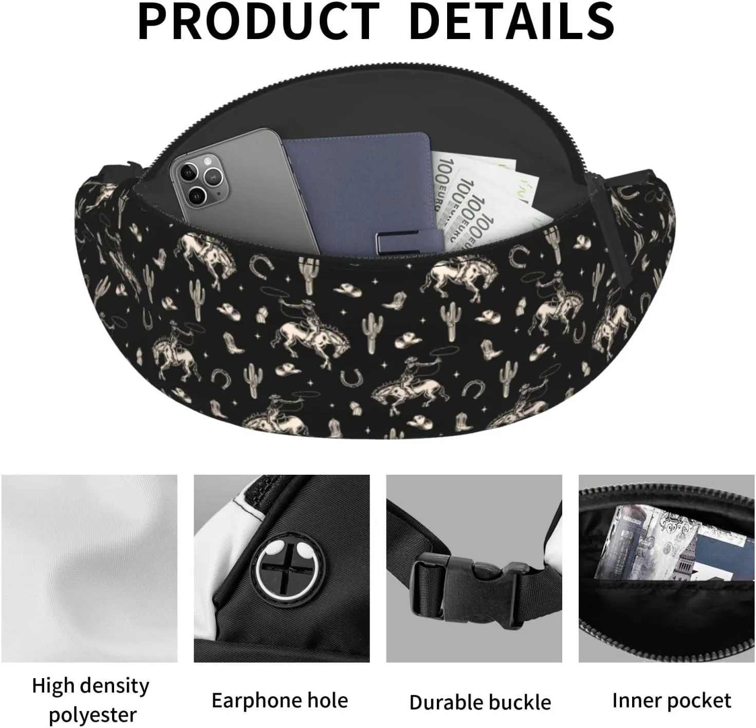 Western Fanny Pack Waist Bag Adjustable Belt Bag For Men Women Traveling Hiking Cycling Running