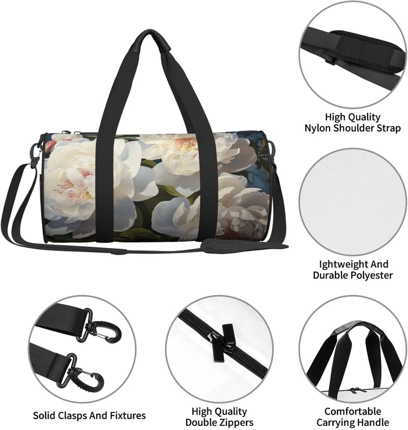 White peony Travel Duffle Bag for Men Women Sport Gym Bag Foldable Weekender Bag Carry on Overnight Bag for Travel Swimming Basketball