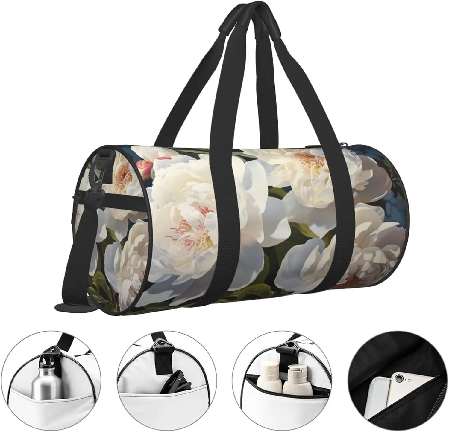 White peony Travel Duffle Bag for Men Women Sport Gym Bag Foldable Weekender Bag Carry on Overnight Bag for Travel Swimming Basketball