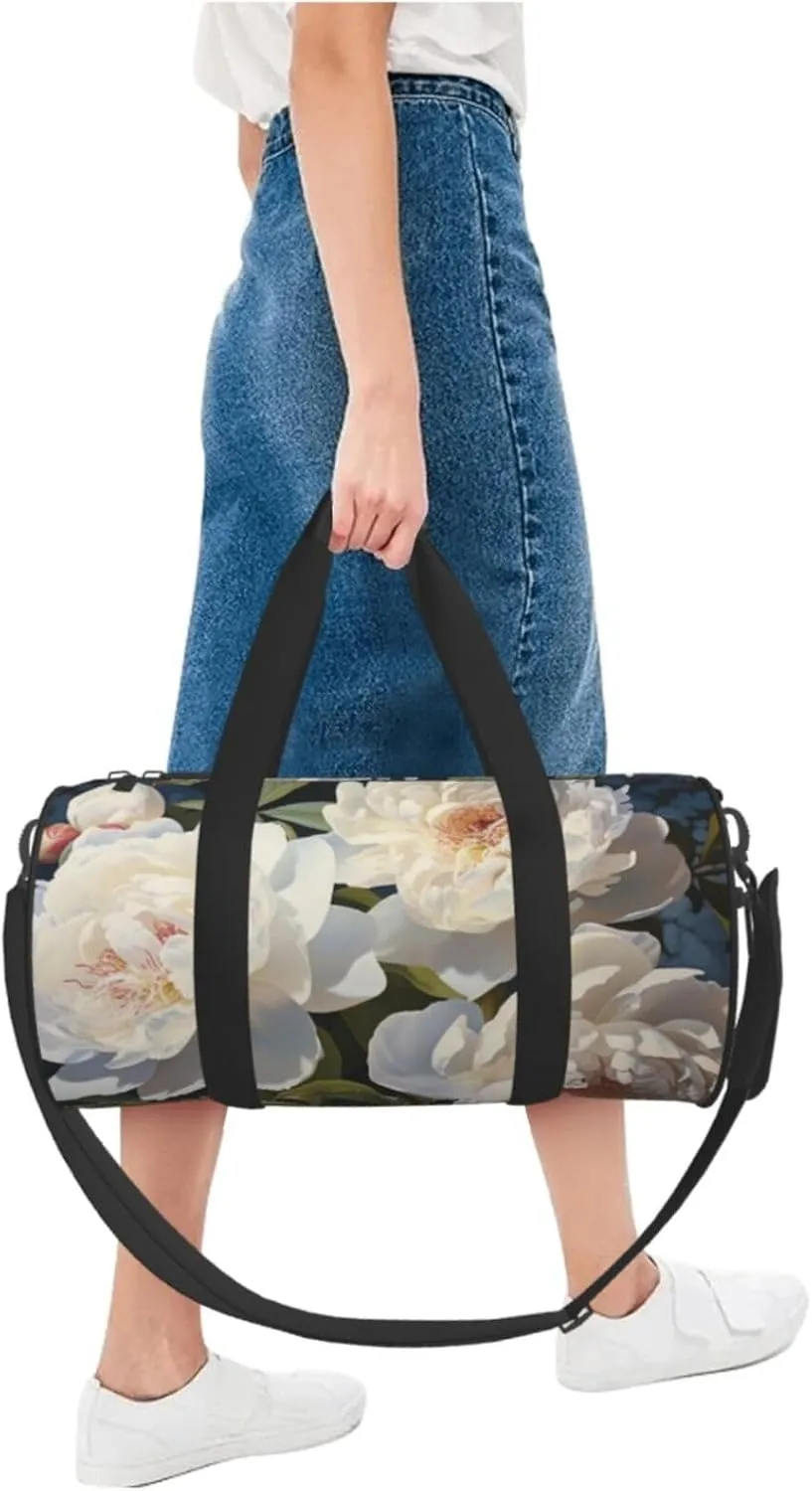 White peony Travel Duffle Bag for Men Women Sport Gym Bag Foldable Weekender Bag Carry on Overnight Bag for Travel Swimming Basketball