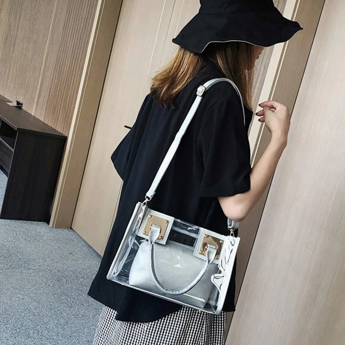 Women 2Pcs Small Tote Clear Shoulder Top-handle Bag PVC Satchel Candy Handbag Clutch Purse Wallet