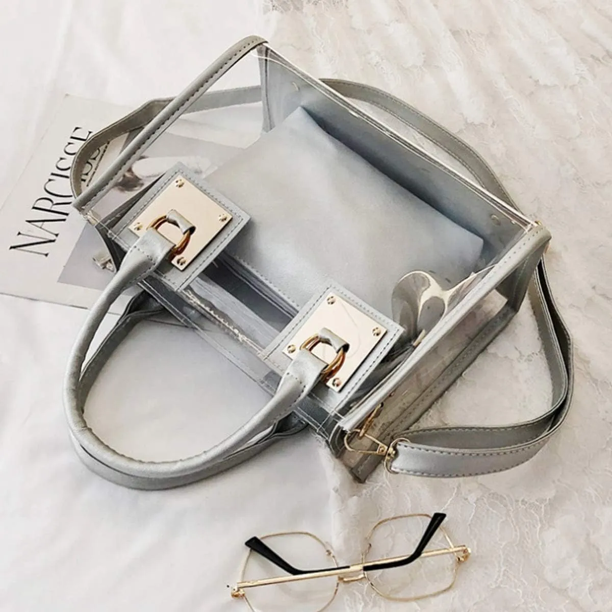 Women 2Pcs Small Tote Clear Shoulder Top-handle Bag PVC Satchel Candy Handbag Clutch Purse Wallet