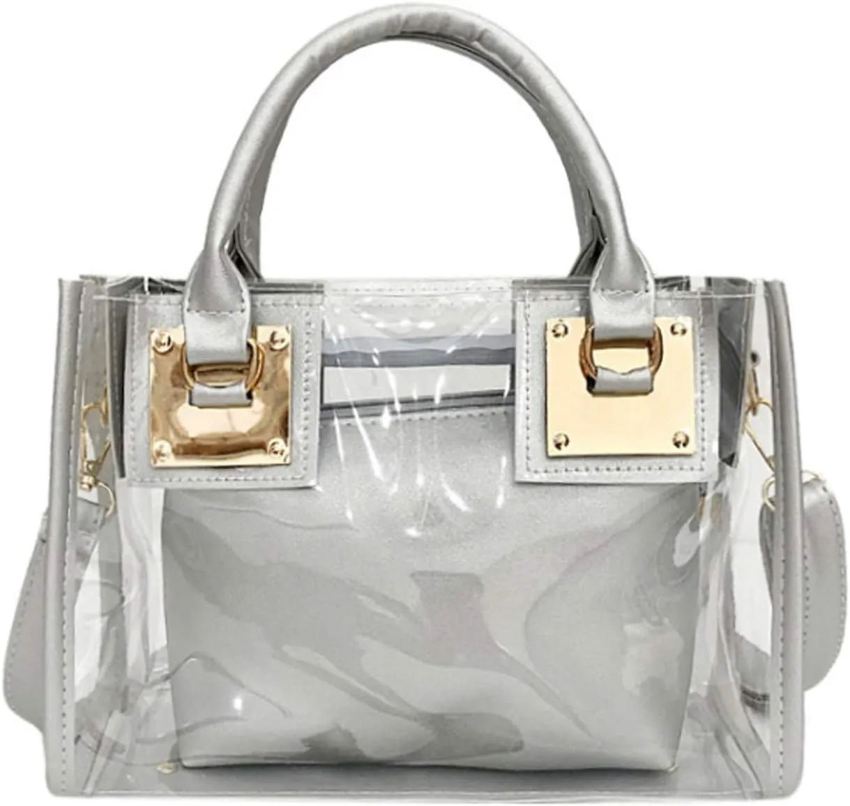 Women 2Pcs Small Tote Clear Shoulder Top-handle Bag PVC Satchel Candy Handbag Clutch Purse Wallet