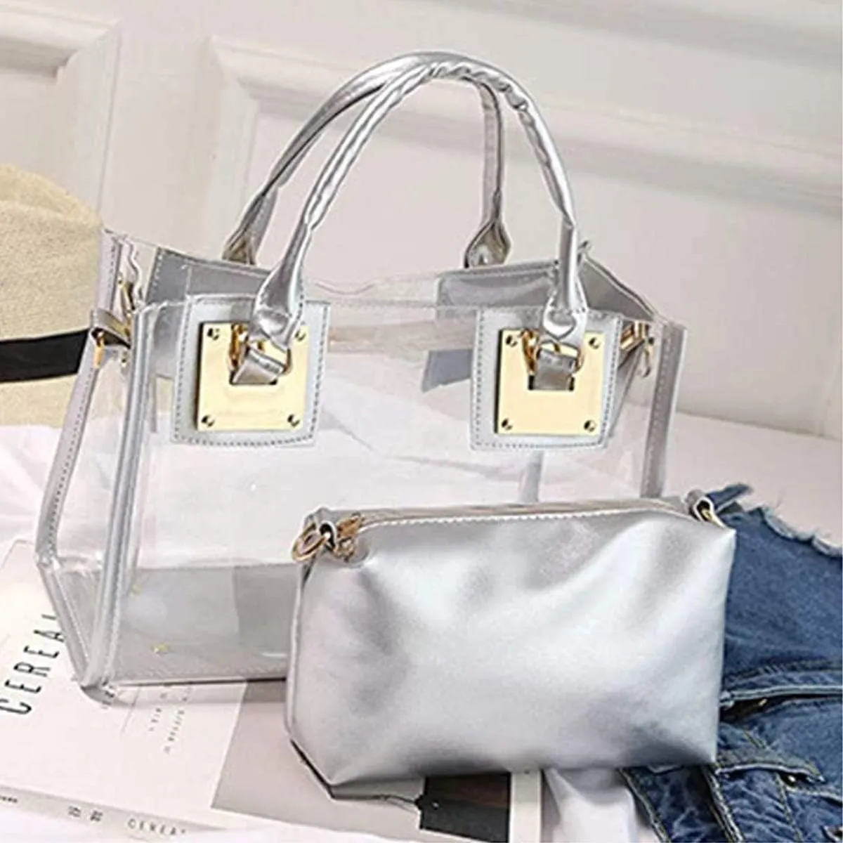 Women 2Pcs Small Tote Clear Shoulder Top-handle Bag PVC Satchel Candy Handbag Clutch Purse Wallet