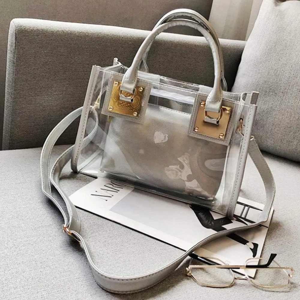 Women 2Pcs Small Tote Clear Shoulder Top-handle Bag PVC Satchel Candy Handbag Clutch Purse Wallet