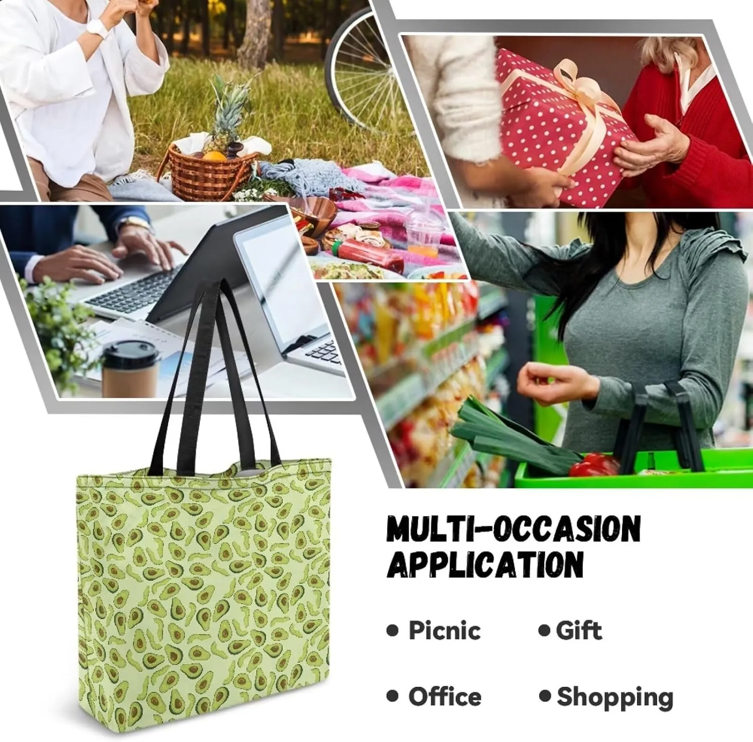 Women Men Canvas Bag with Inner Zipper Pocket Large Reusable Grocery Tote Handbag