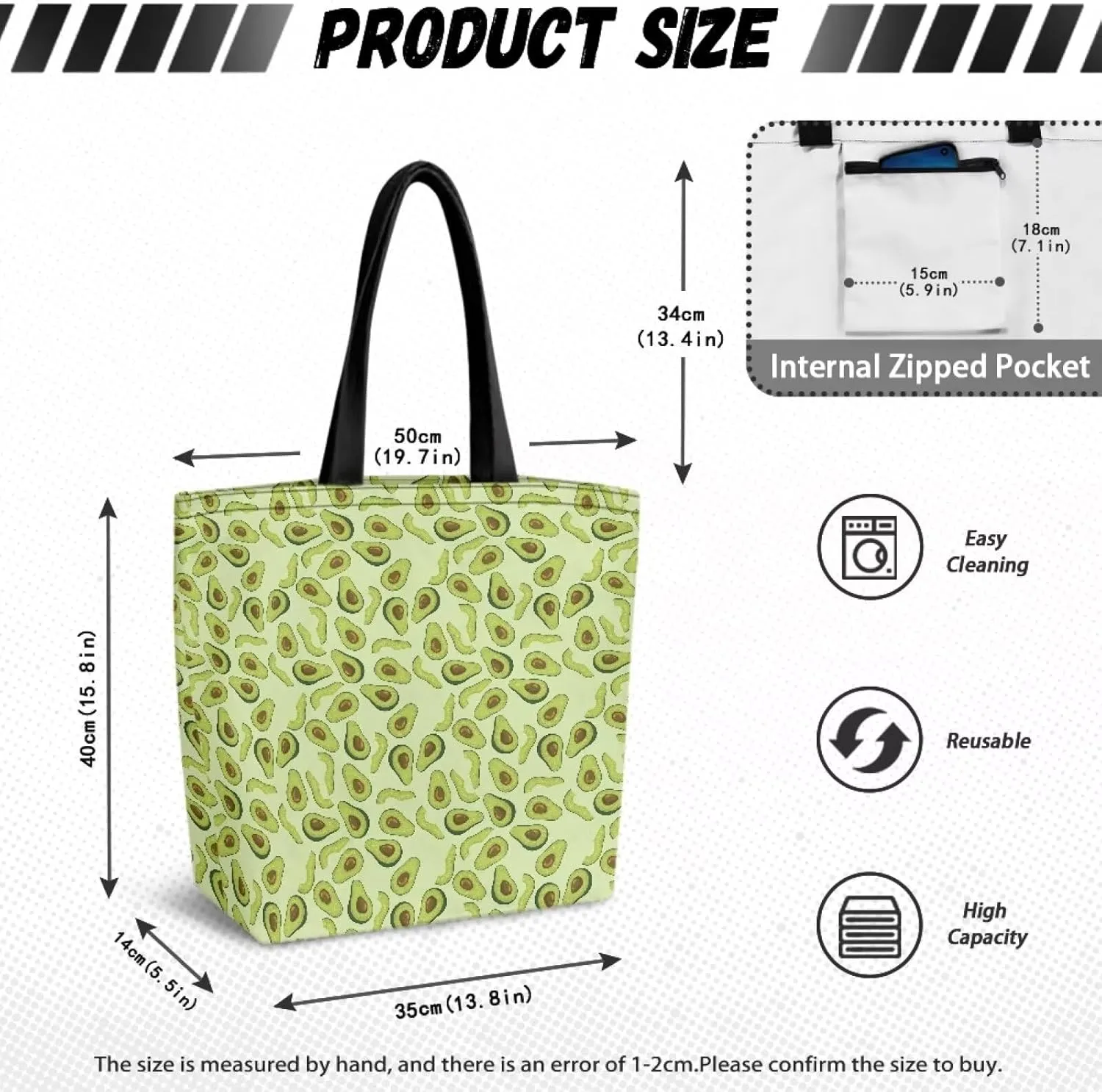 Women Men Canvas Bag with Inner Zipper Pocket Large Reusable Grocery Tote Handbag