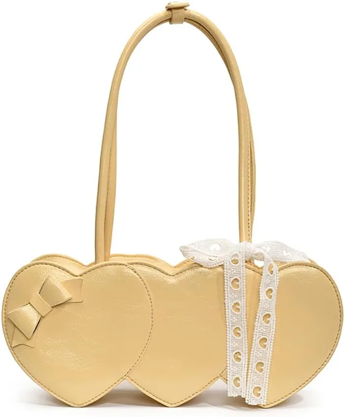 Women PU Leather Shoulder Handbag Heart Shaped Underarm Bag with Bow Embellishments Cute Fashion Tote Purse
