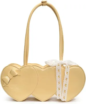 Women PU Leather Shoulder Handbag Heart Shaped Underarm Bag with Bow Embellishments Cute Fashion Tote Purse