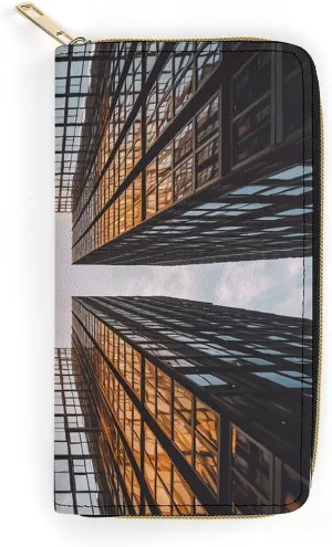 Women Wallet Skyscraper Looking Up at Sky Leather Wallet for Work Zip Wallet Phone Holder Long Purse Ultra Thin Wallet with Zipper Pocket for Shopping