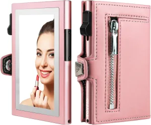 Women Wallet with Card Holder, Small Pretty Wallet with Mirror for Women,Pop Up Card Holder Wallet, Tri-fold Genuine Leather Wallet Women with Mirror, Compact Wallet for Traveling (Pink)