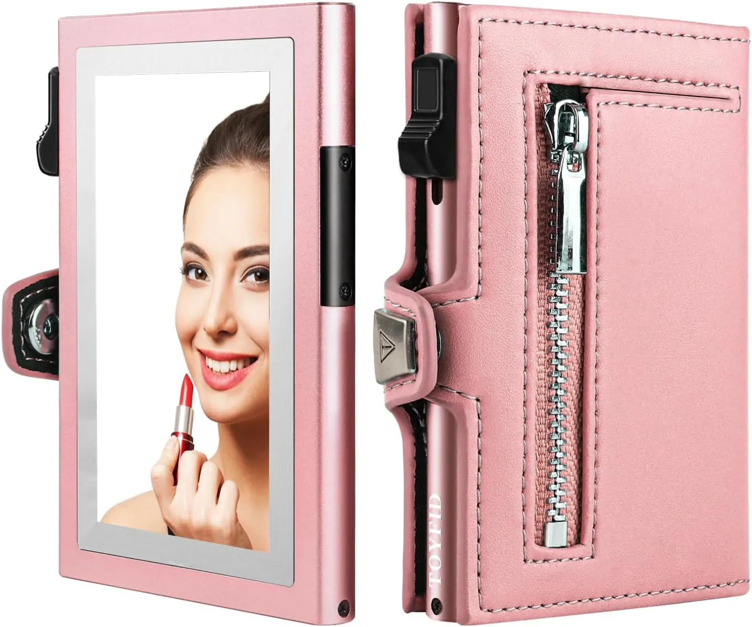 Women Wallet with Card Holder, Small Pretty Wallet with Mirror for Women,Pop Up Card Holder Wallet, Tri-fold Genuine Leather Wallet Women with Mirror, Compact Wallet for Traveling (Pink)