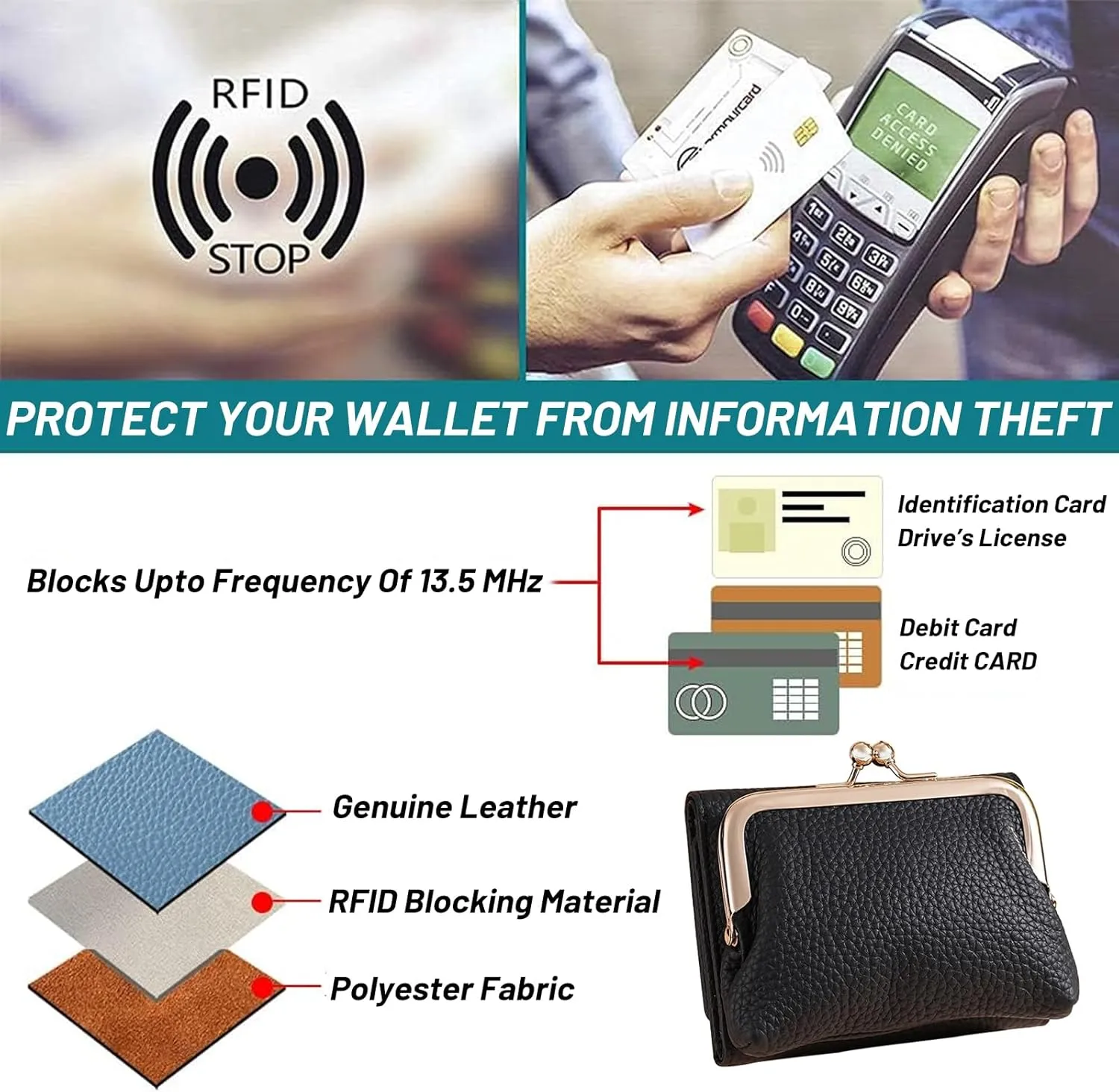 Women's Genuine Leather Wallet,RFID Blocking Mini Pocket Purse,Card Holder Purse With Kiss lock Coin Pocket,Ladies Credit Card Holder (Green)