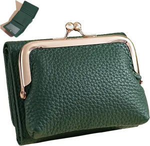 Women's Genuine Leather Wallet,RFID Blocking Mini Pocket Purse,Card Holder Purse With Kiss lock Coin Pocket,Ladies Credit Card Holder (Green)