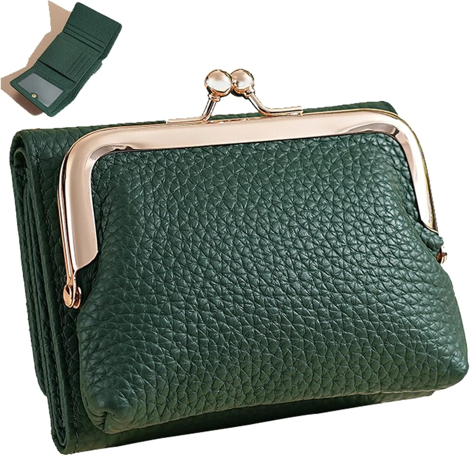 Women's Genuine Leather Wallet,RFID Blocking Mini Pocket Purse,Card Holder Purse With Kiss lock Coin Pocket,Ladies Credit Card Holder (Green)