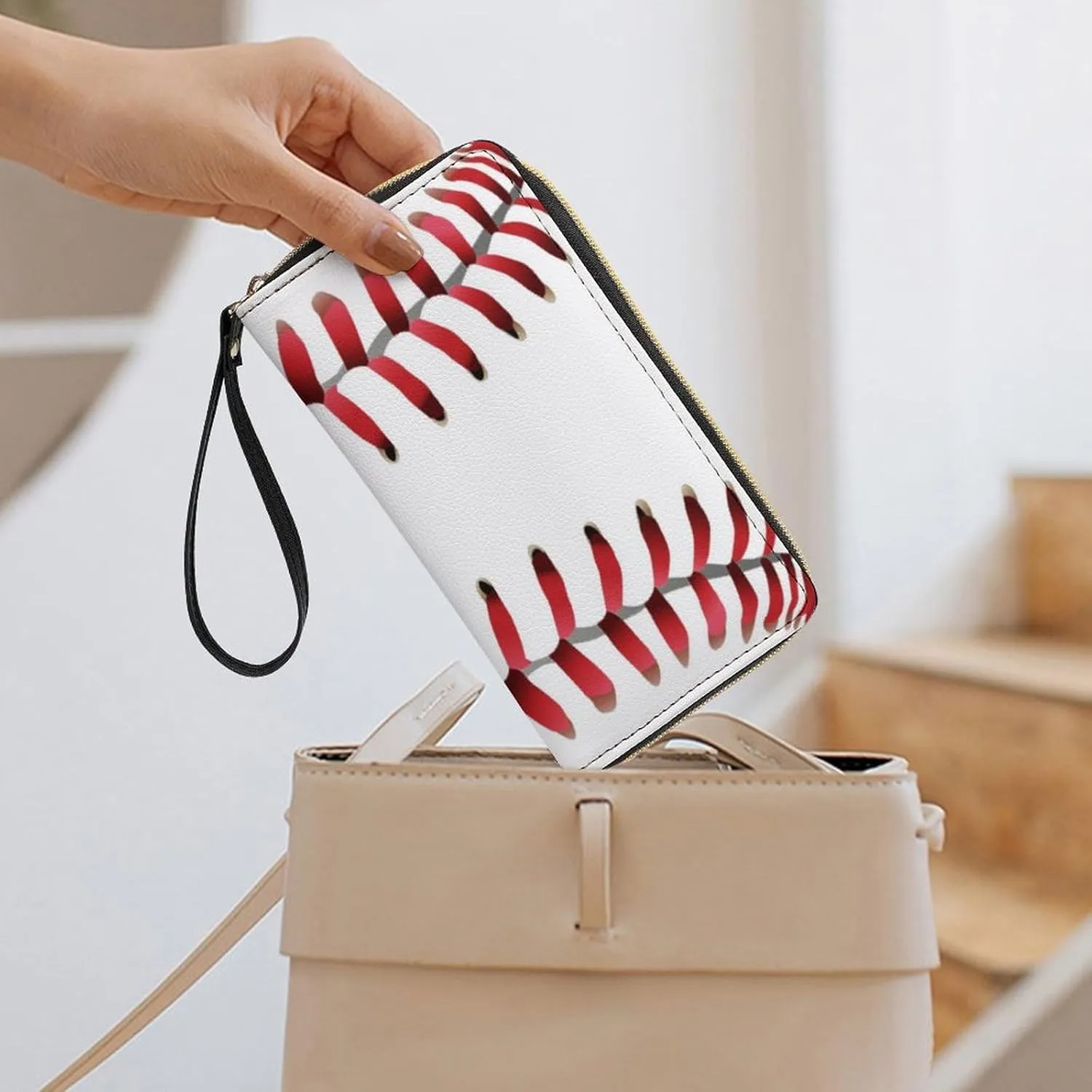 Women's PU Leather Long Wallet, Zipper Travel Credit Card Holder White Baseball Red Stripes Card Organizer Purse with Multiple Card Slots
