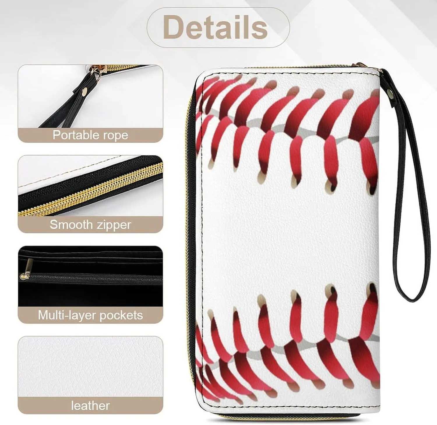 Women's PU Leather Long Wallet, Zipper Travel Credit Card Holder White Baseball Red Stripes Card Organizer Purse with Multiple Card Slots