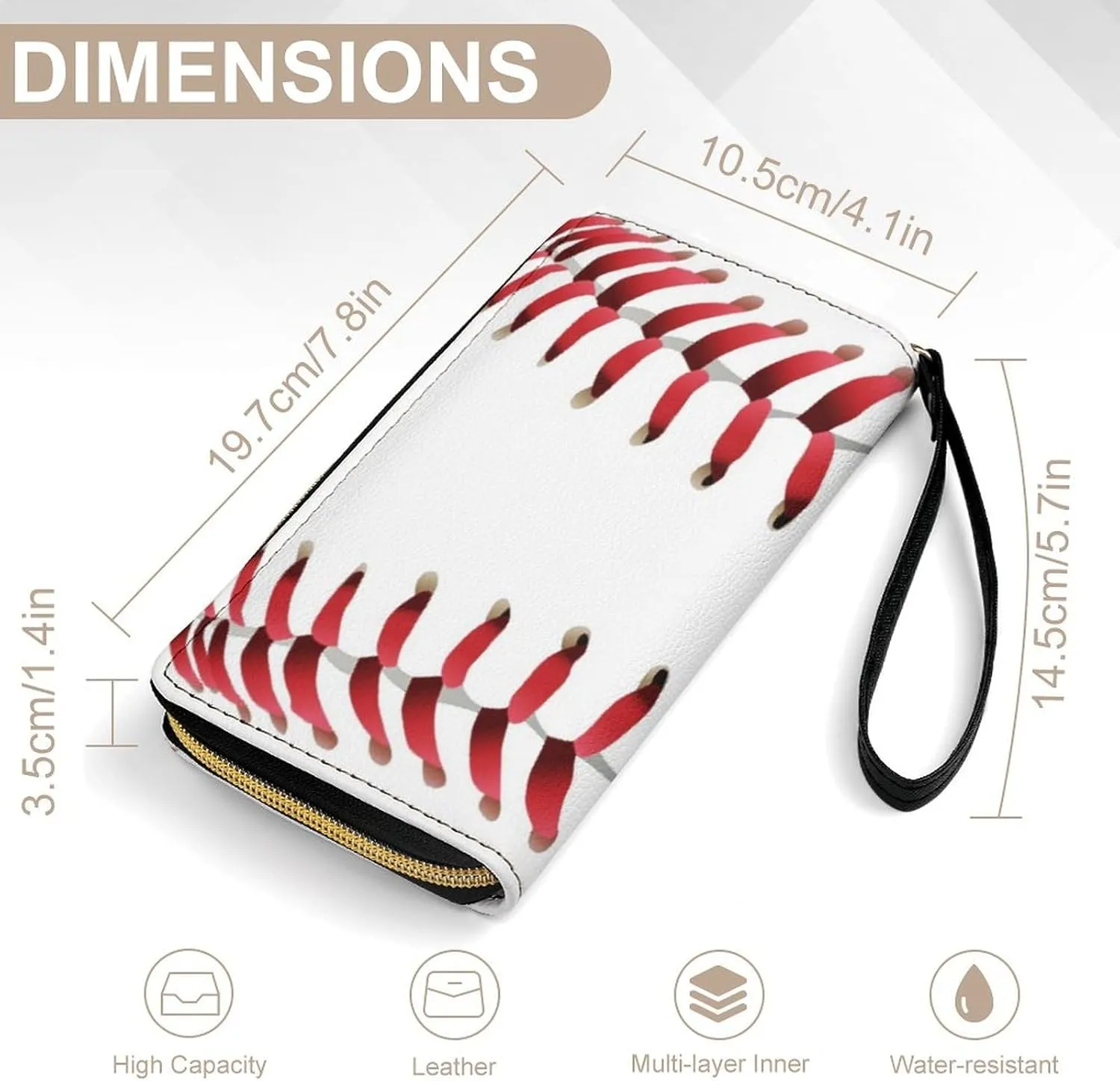 Women's PU Leather Long Wallet, Zipper Travel Credit Card Holder White Baseball Red Stripes Card Organizer Purse with Multiple Card Slots