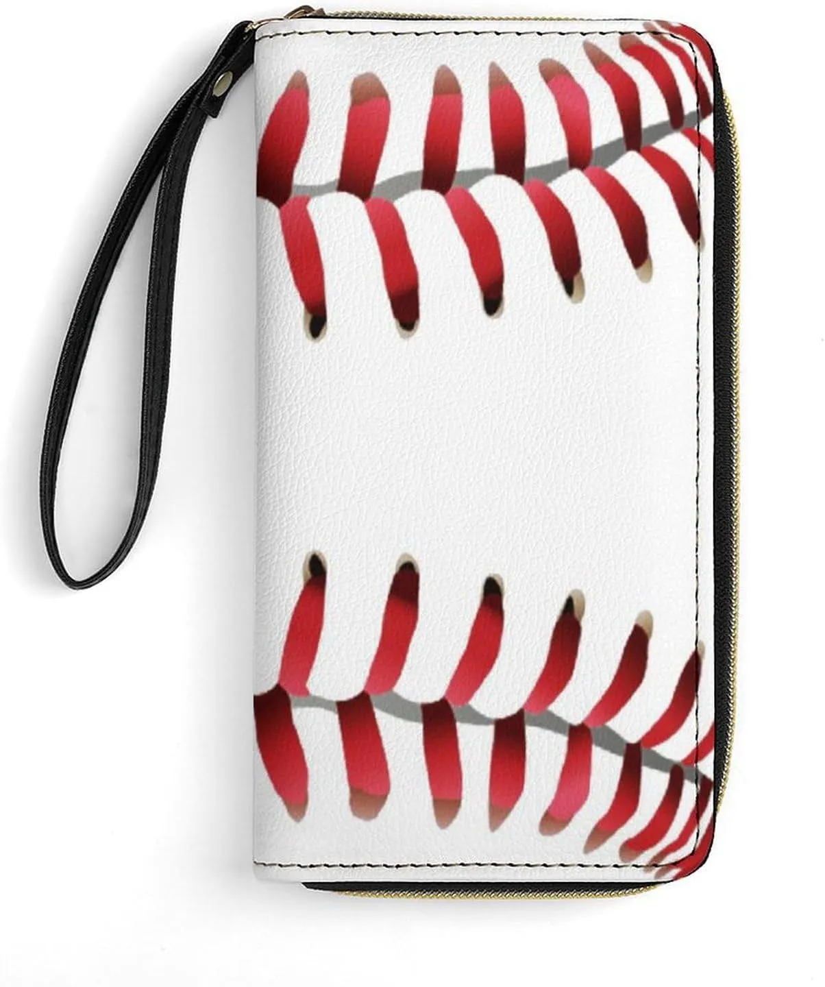 Women's PU Leather Long Wallet, Zipper Travel Credit Card Holder White Baseball Red Stripes Card Organizer Purse with Multiple Card Slots