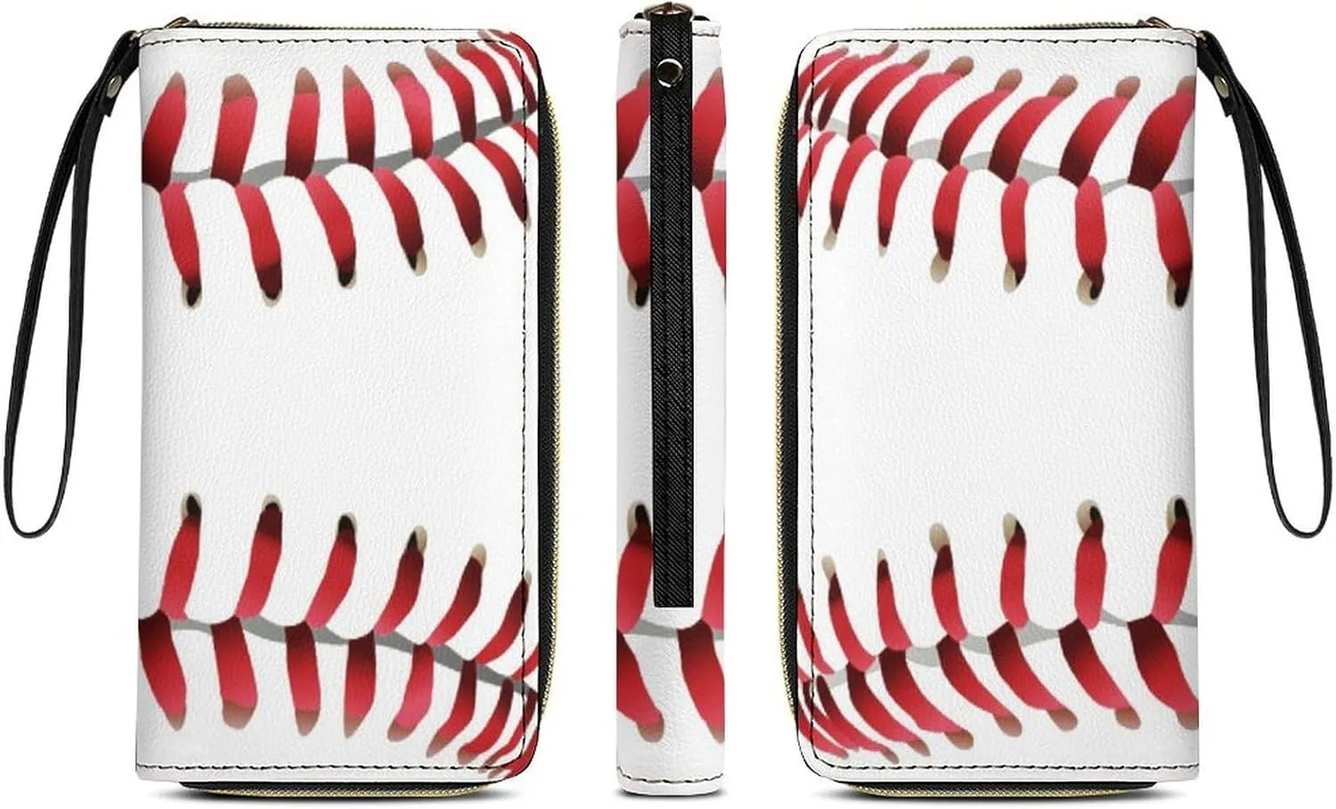 Women's PU Leather Long Wallet, Zipper Travel Credit Card Holder White Baseball Red Stripes Card Organizer Purse with Multiple Card Slots