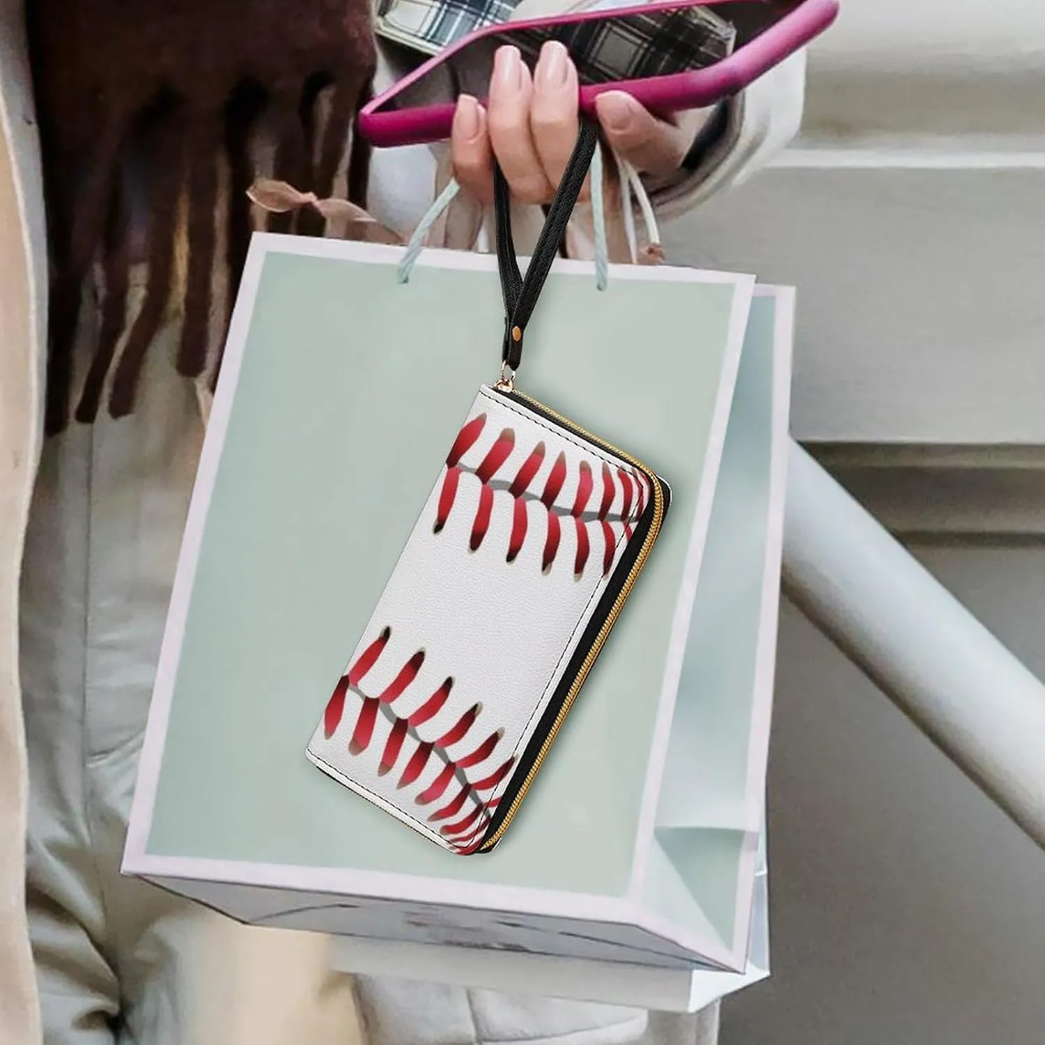 Women's PU Leather Long Wallet, Zipper Travel Credit Card Holder White Baseball Red Stripes Card Organizer Purse with Multiple Card Slots